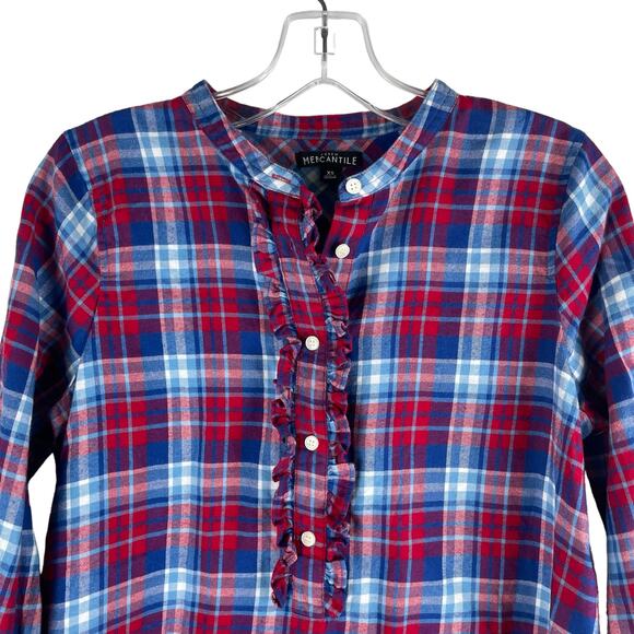 J. Crew Mercantile Flannel Plaid Popover Shirt Top Ruffle Blue Red Size XS - Picture 5 of 11
